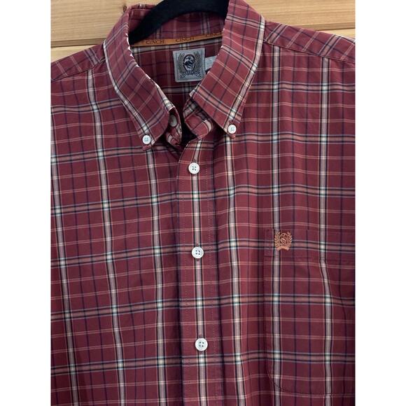 Cinch Men Button Down Shirt Size Large Red Rust Plaid Cotton Western Cowboy 158 - Picture 2 of 5